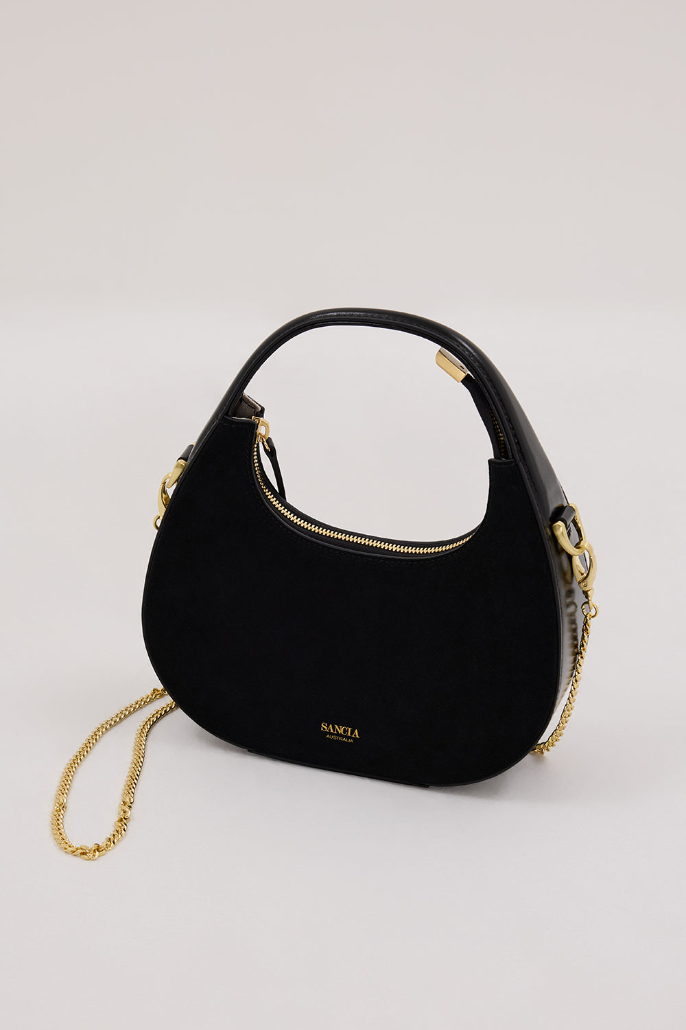 Sancia Aritzo Black Leather Crossbody Bag with Gold Chain Strap