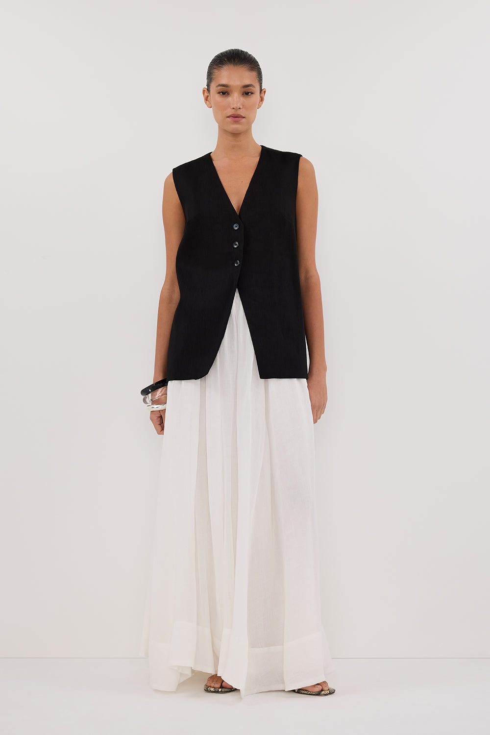 BRAX Black Linen Longline Vest with V Neck & Back Tie
