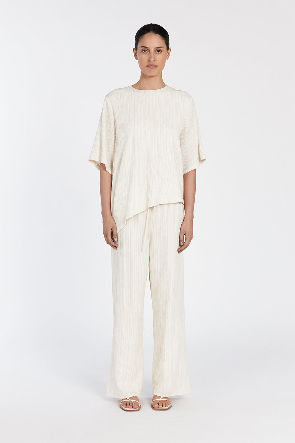 LOZ Cream Asymmetrical Boxy T-Shirt with Crinkle Texture