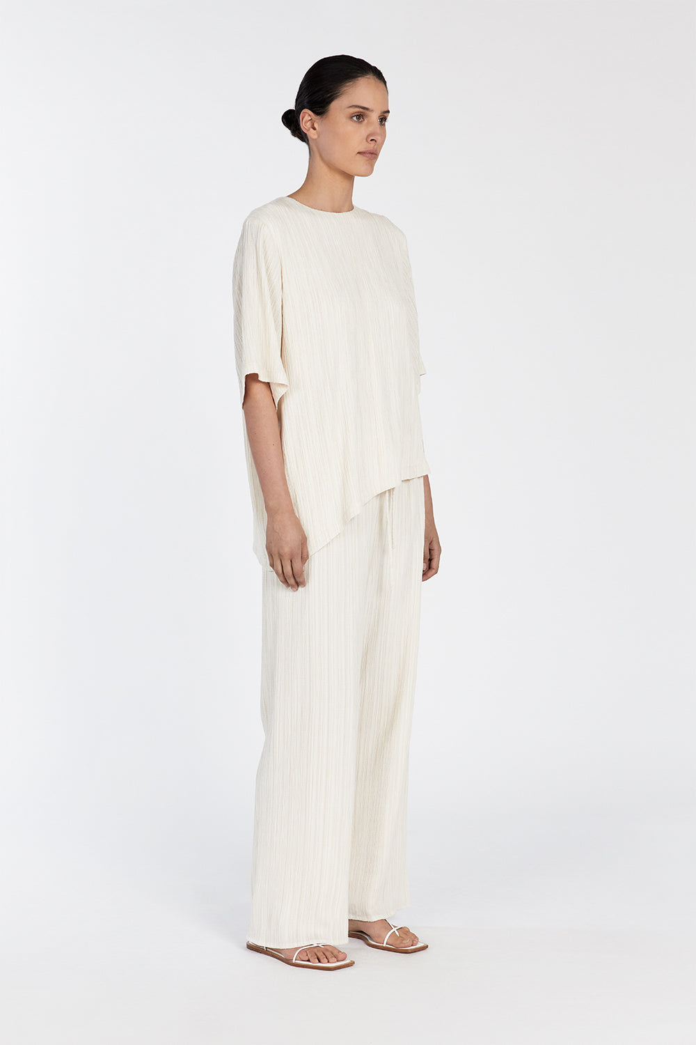 LOZ Cream Asymmetrical Boxy T-Shirt with Crinkle Texture