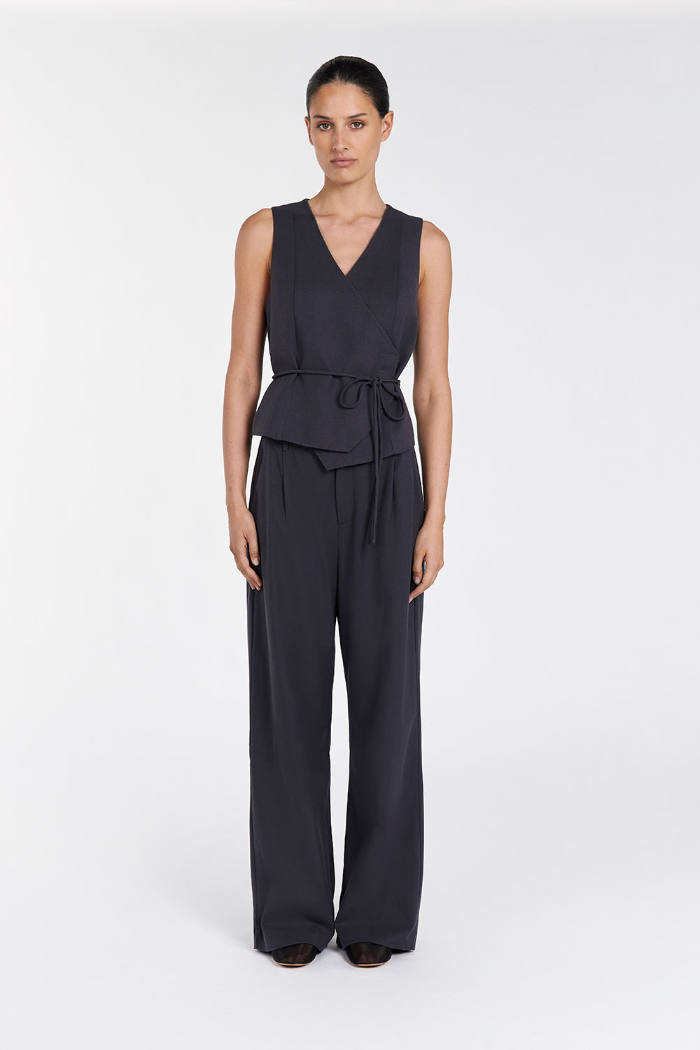 Tori Slate Asymmetric Wrap Top with Adjustable Waist Tie