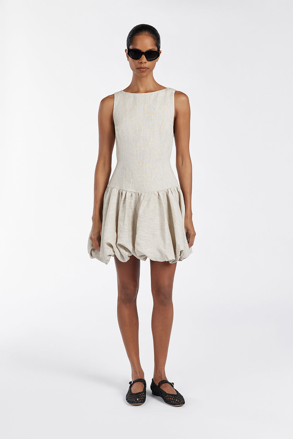 Linen Bubble Hem Mini Dress by Irina - Sleeveless Boat Neck