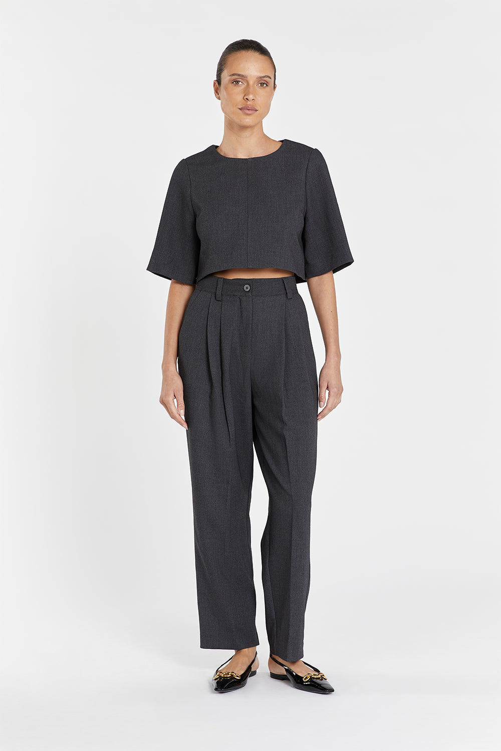 Carey Charcoal Boxy Cropped T-Shirt – High Neck Relaxed Fit