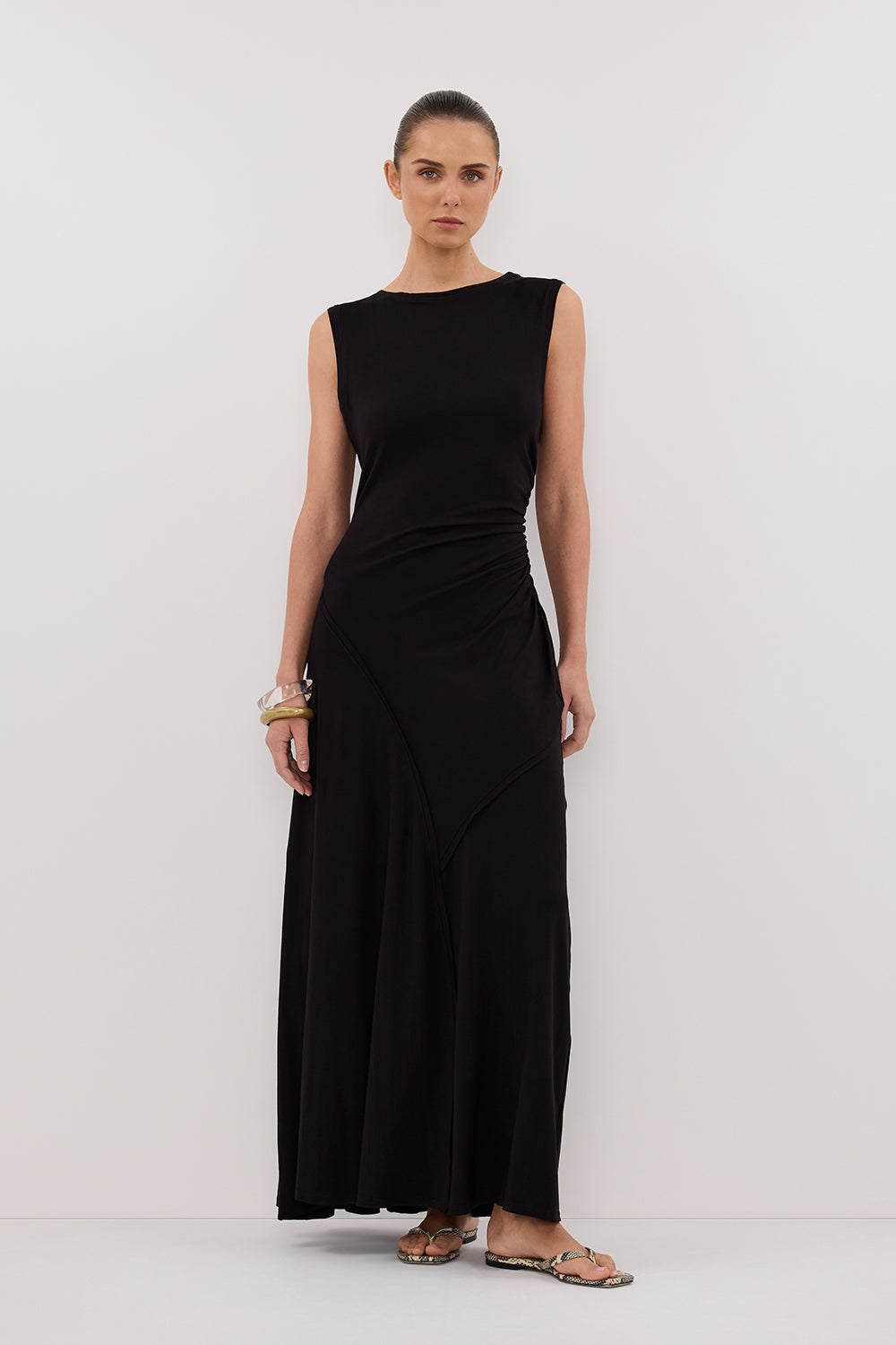 Hadley Black Sleeveless Ruched Maxi Dress