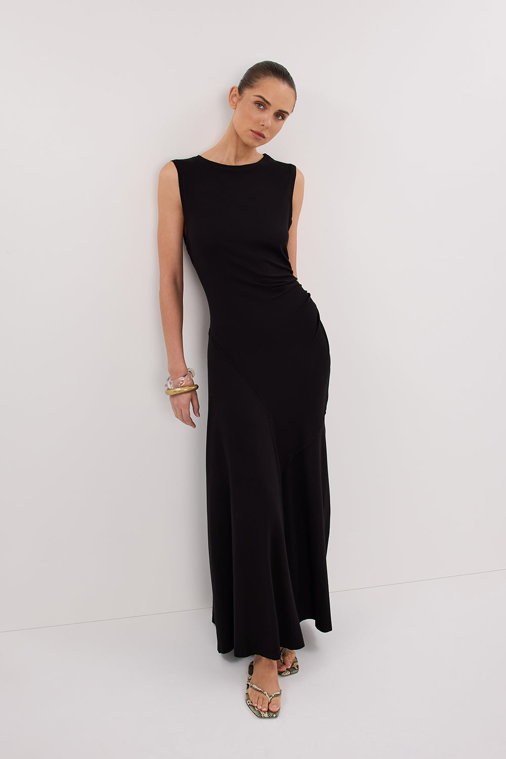 Hadley Black Sleeveless Ruched Maxi Dress