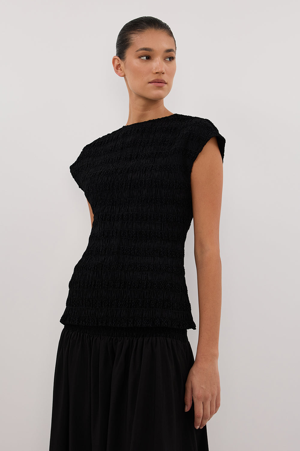 Black Textured Sleeveless Top - Flared Hemline & Shirring Detail