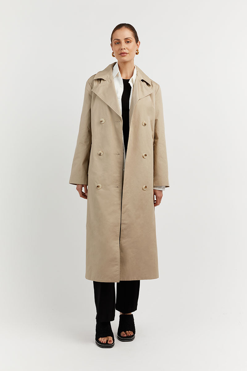 Aspen Stone Cotton Trench Coat with Removable Waist Tie