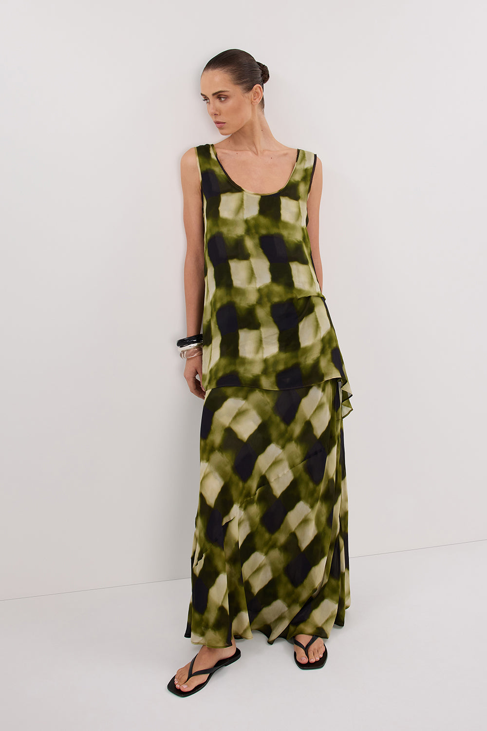 Bronx Moss Print Midi Skirt with Sheer Layers & Side Zip