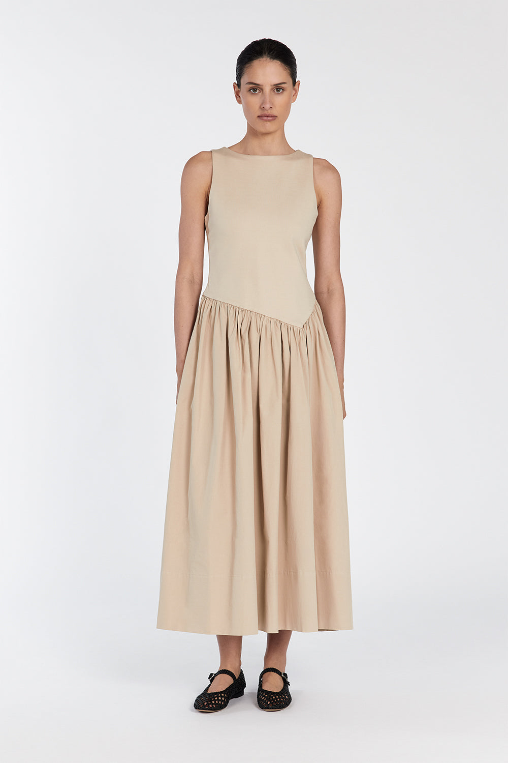 Patty Stone Sleeveless Boat Neck Midi Dress with Circle Skirt