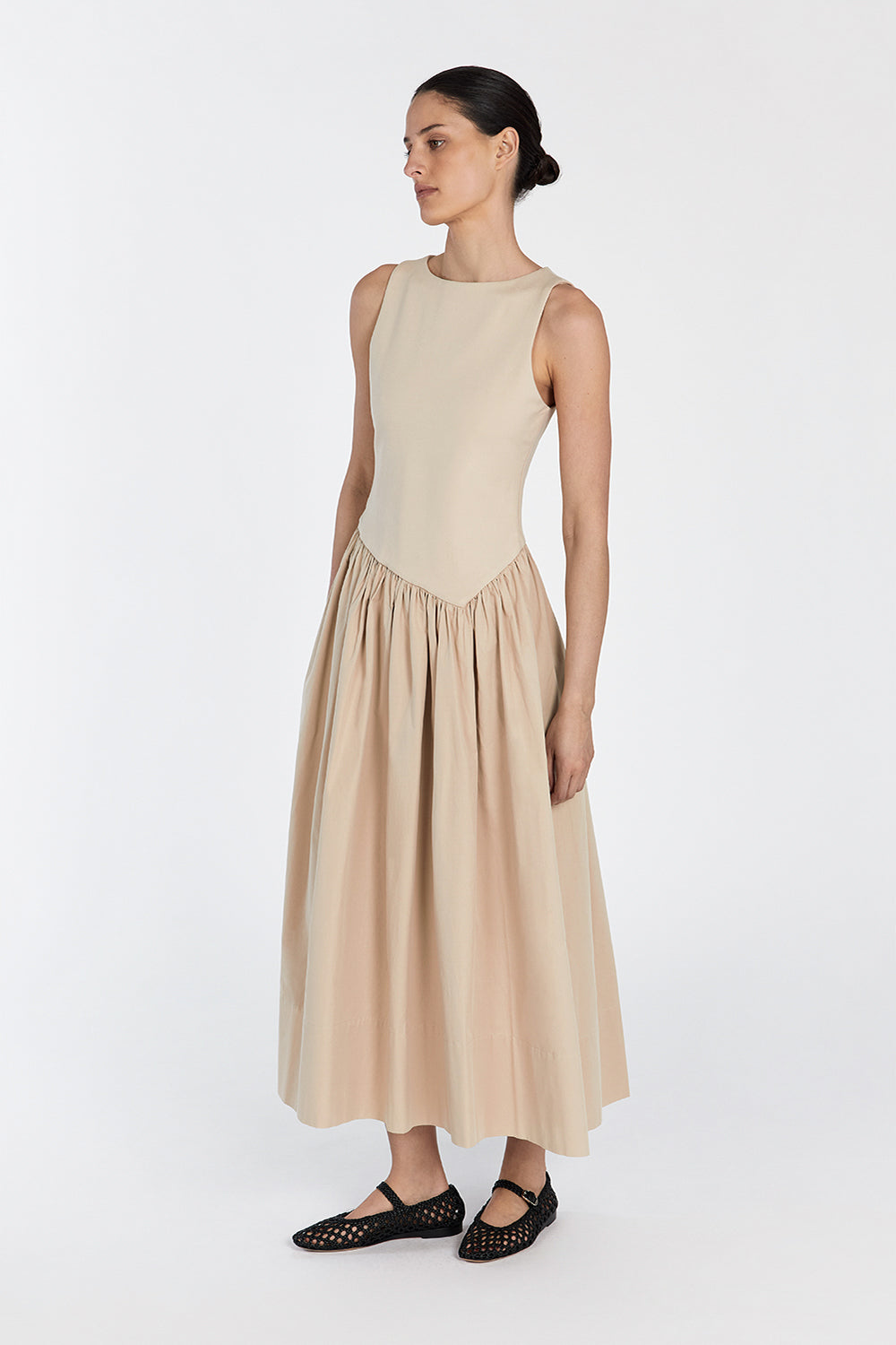 Patty Stone Sleeveless Boat Neck Midi Dress with Circle Skirt