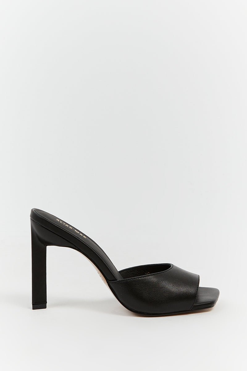 Alias Mae Black Leather Slip-On Heels with Open Toe