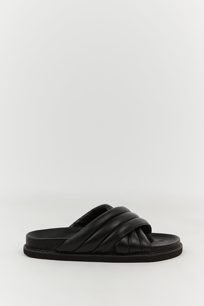 Bali Tailor Oska Black Leather Slide Sandals with Quilted Strap