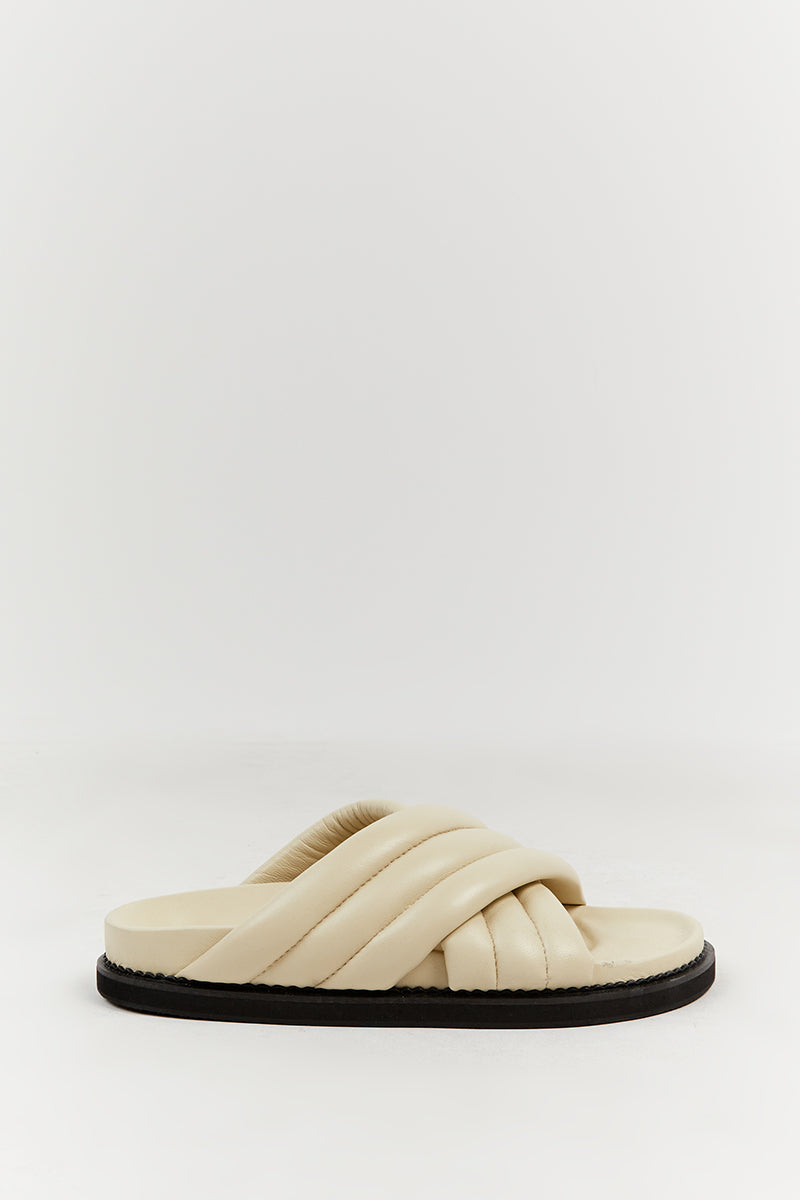 Bali Tailor Oska Creme Leather Slide Sandals with Quilted Strap