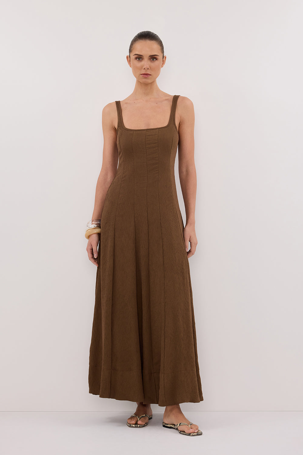 Chocolate Brown Midi Dress with Adjustable Straps & Square Neckline