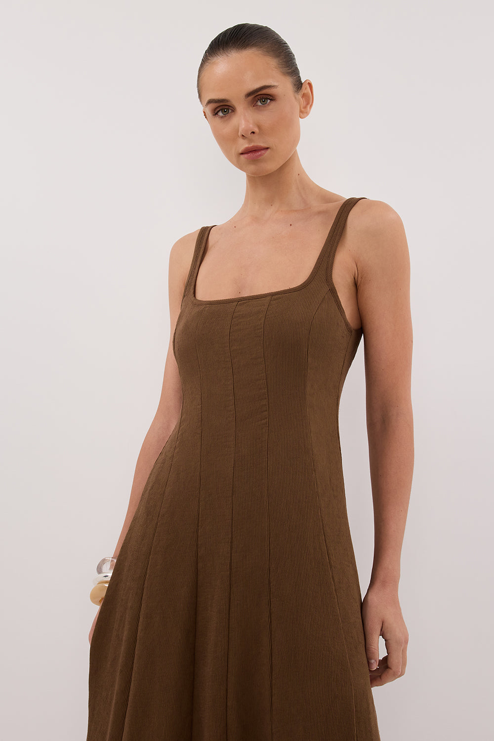 Chocolate Brown Midi Dress with Adjustable Straps & Square Neckline