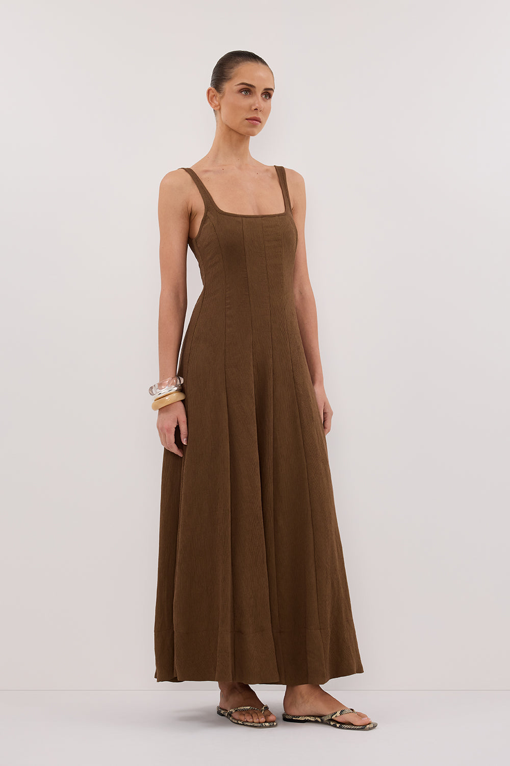 Chocolate Brown Midi Dress with Adjustable Straps & Square Neckline