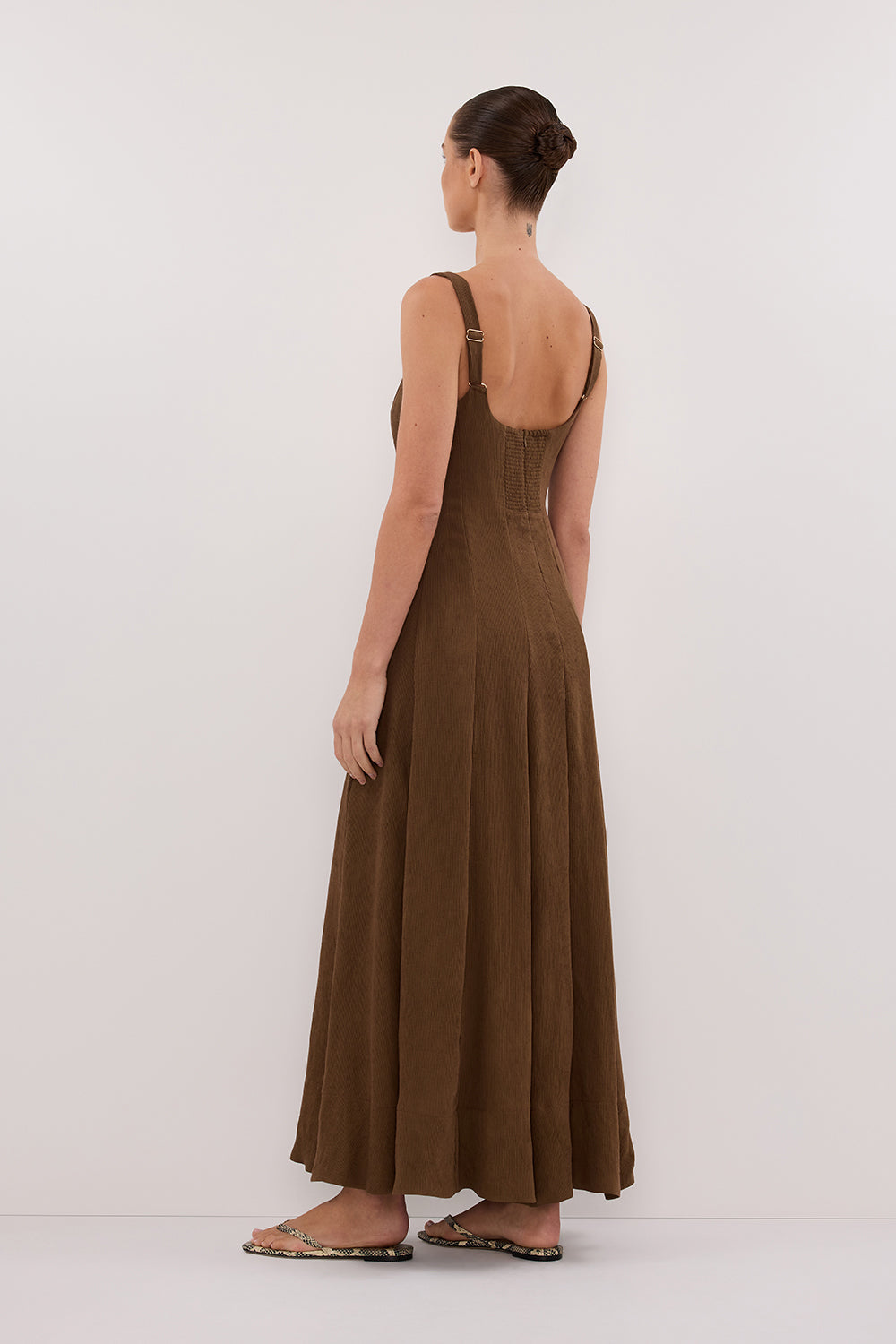 Chocolate Brown Midi Dress with Adjustable Straps & Square Neckline
