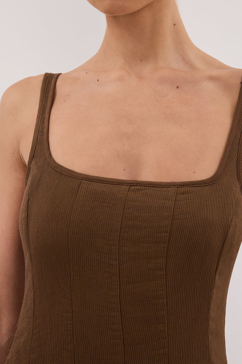 Chocolate Brown Midi Dress with Adjustable Straps & Square Neckline