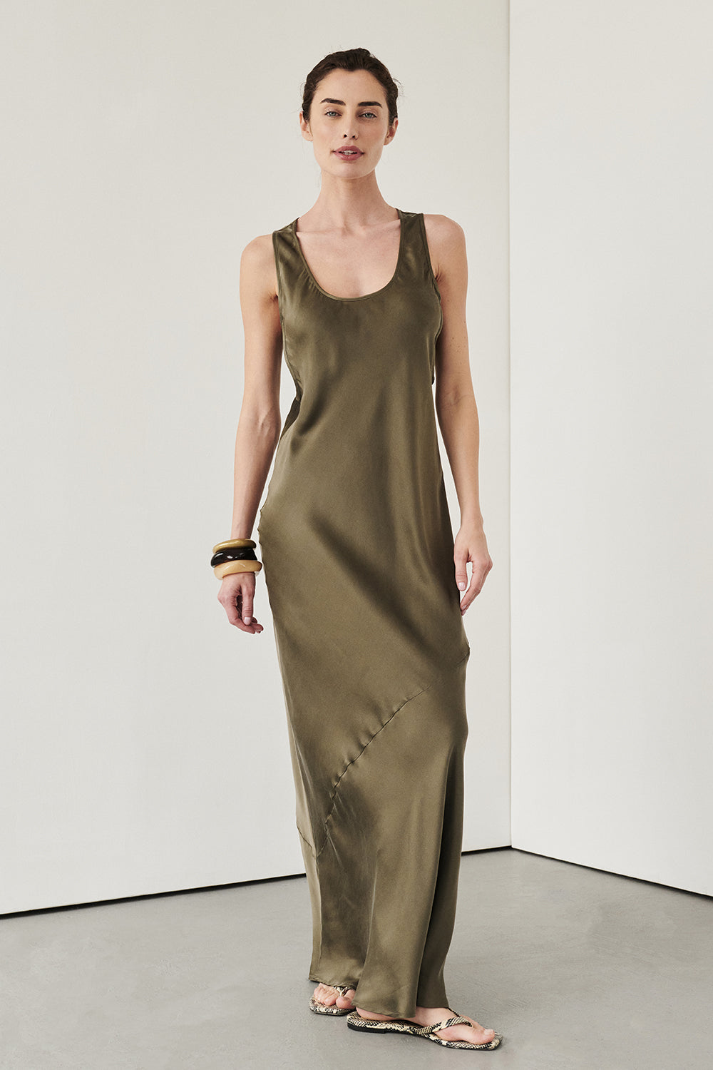 Darcy Olive Green Silk Sleeveless Maxi Dress