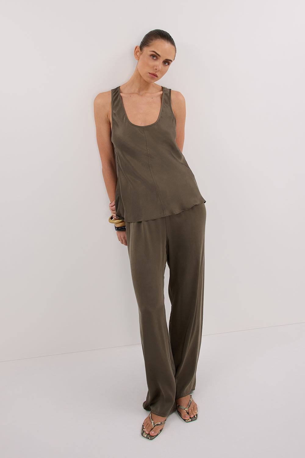Percy Olive Silk Pants - High Rise Straight Leg with Drawstring