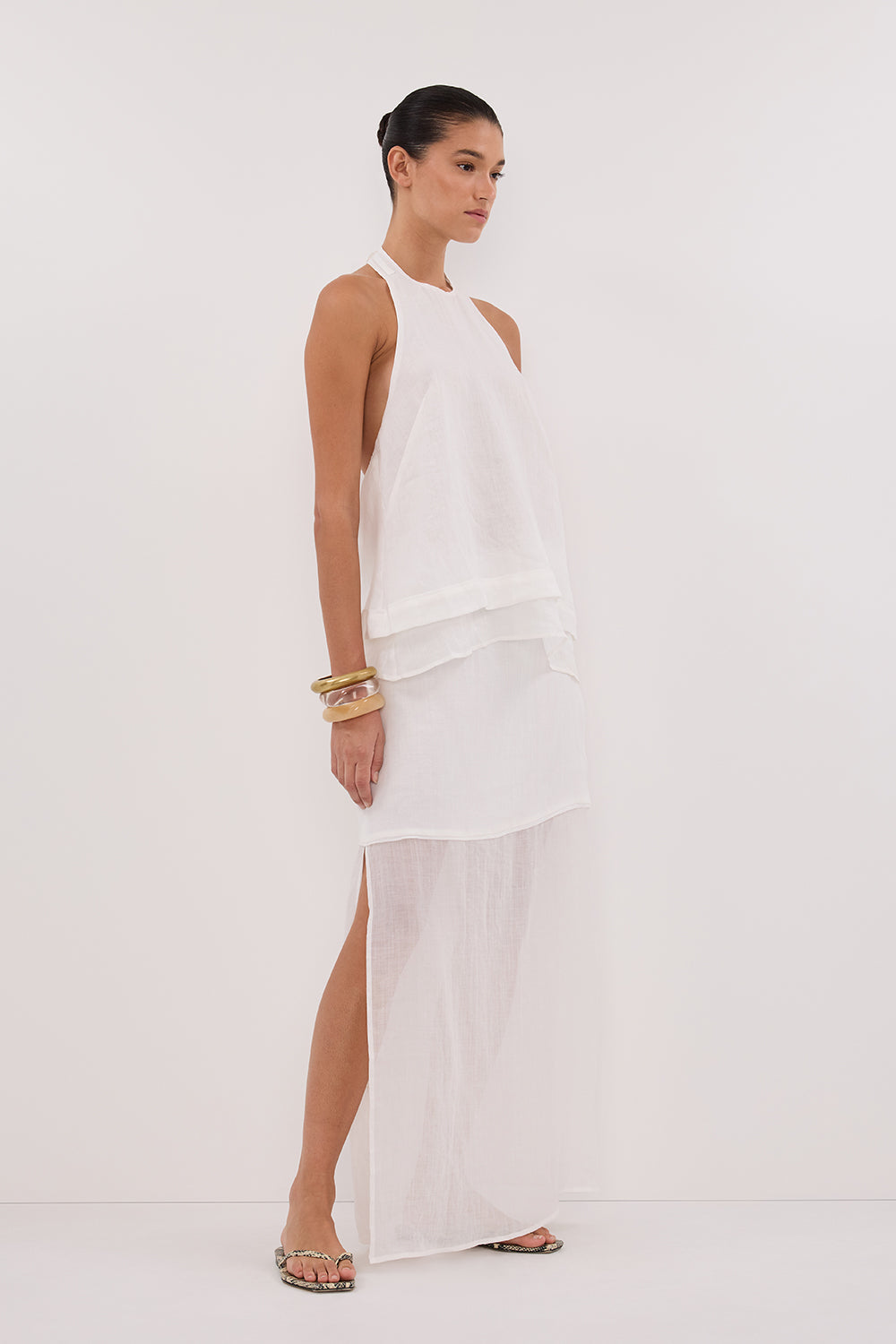 White Ramie Halter Top with Open Back & Adjustable Tie – Carmel