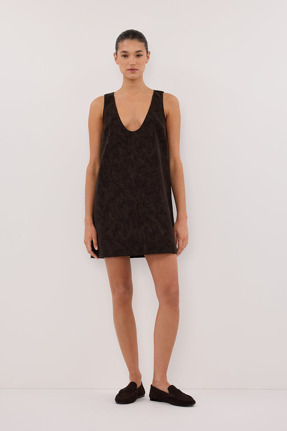Oakland Chocolate Faux Suede Mini Dress - Sleeveless Scoop Neck