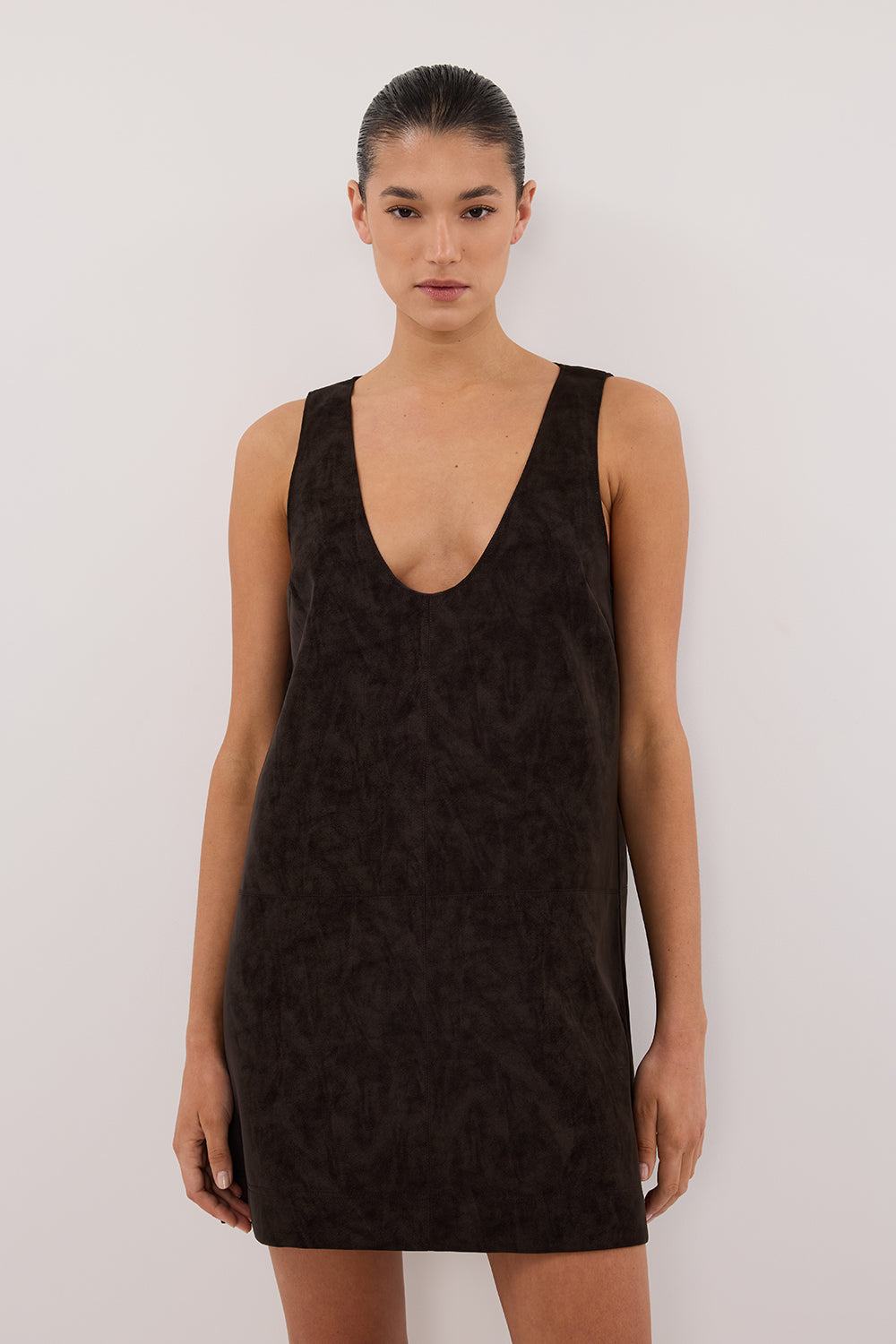 Oakland Chocolate Faux Suede Mini Dress - Sleeveless Scoop Neck