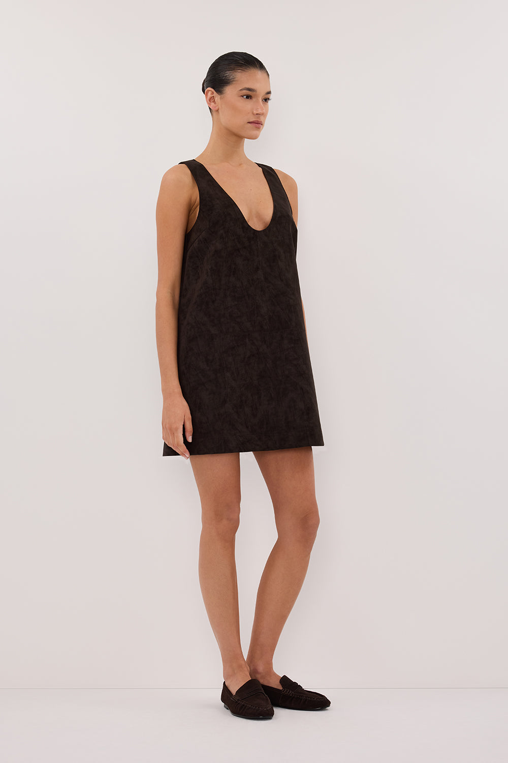 Oakland Chocolate Faux Suede Mini Dress - Sleeveless Scoop Neck