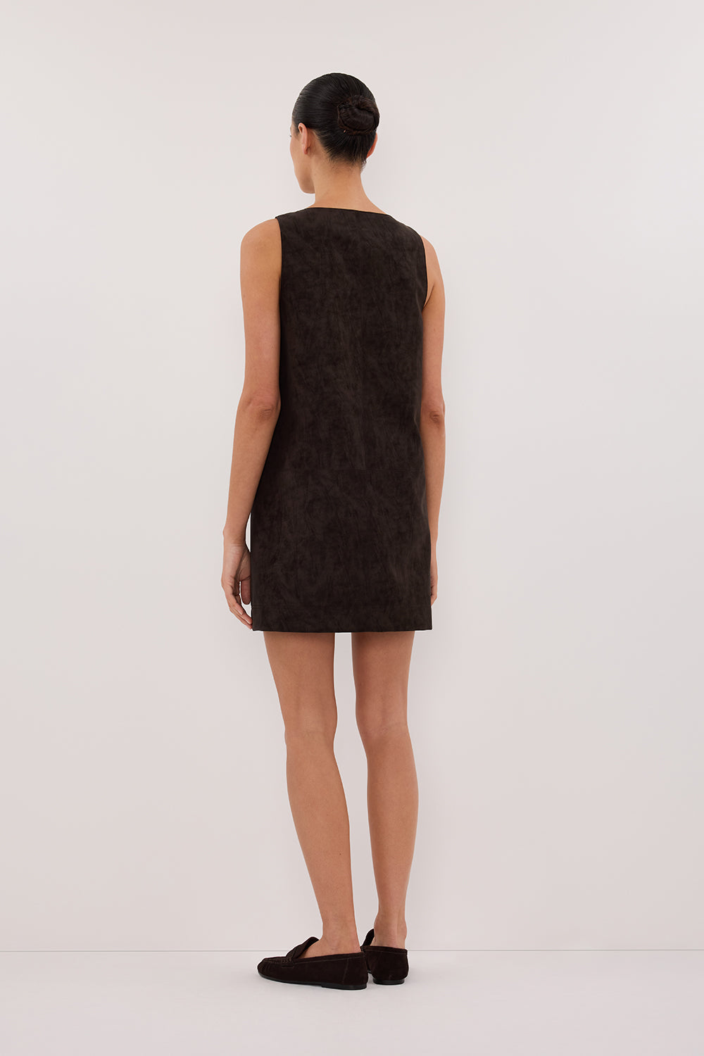 Oakland Chocolate Faux Suede Mini Dress - Sleeveless Scoop Neck