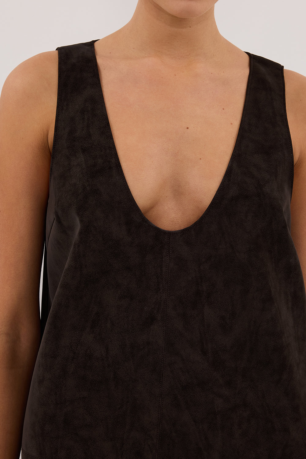 Oakland Chocolate Faux Suede Mini Dress - Sleeveless Scoop Neck