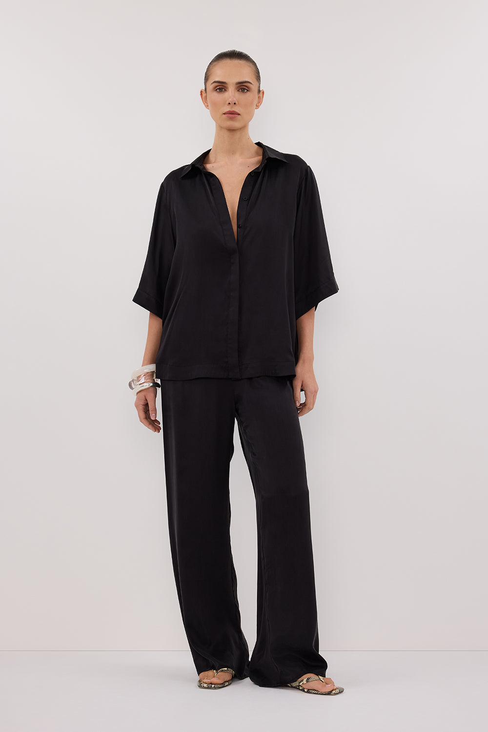 Percy Black Silk Shirt - Oversized V-Neck Luxury Blouse