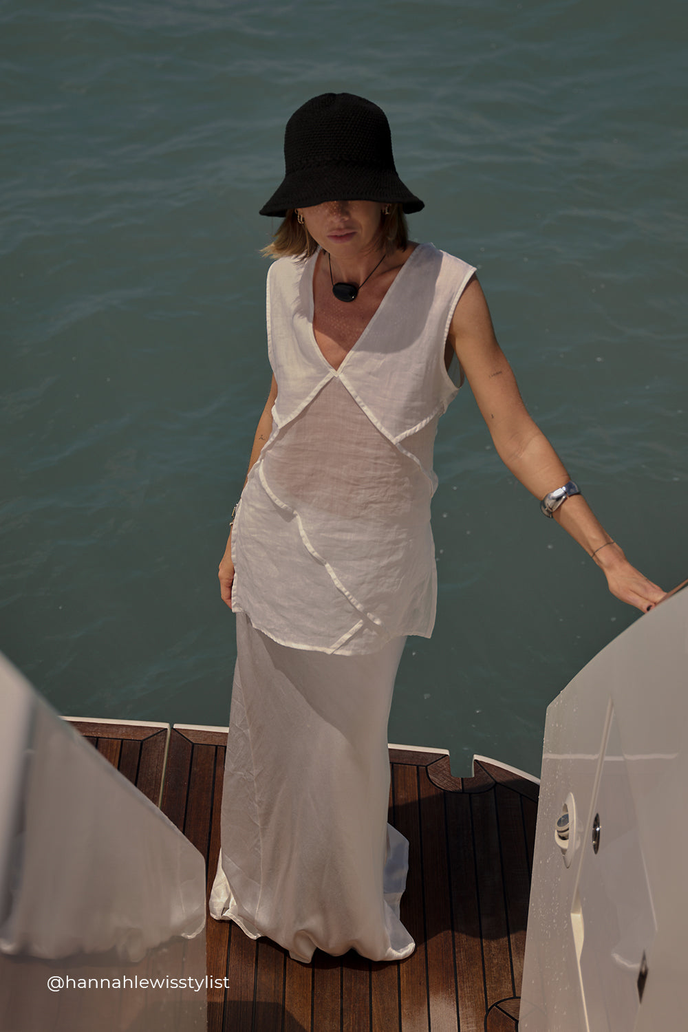 Carmel White Ramie V-Neck Sleeveless Top with Asymmetrical Details