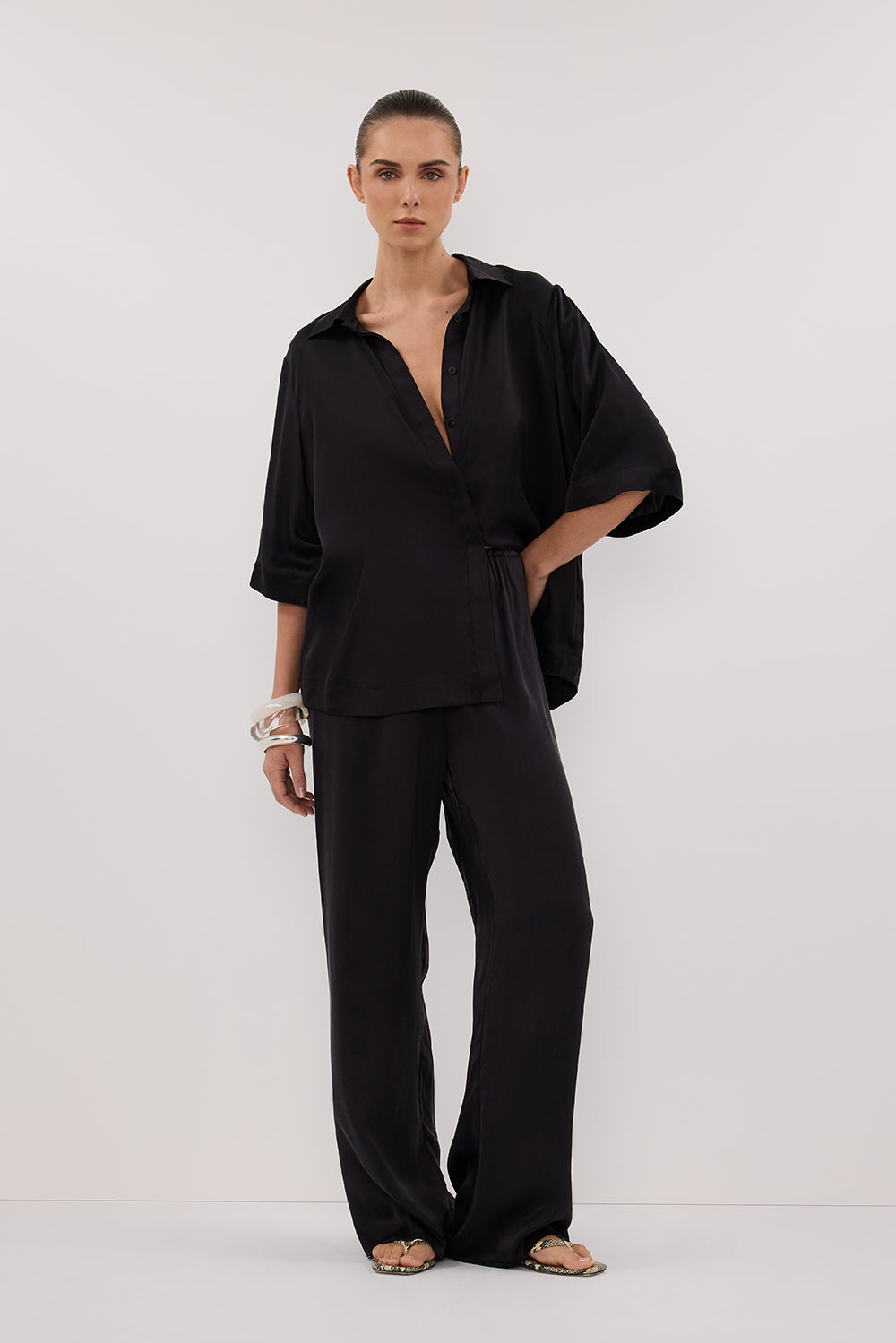 Percy Black Silk Pants - High Rise Relaxed Straight Leg