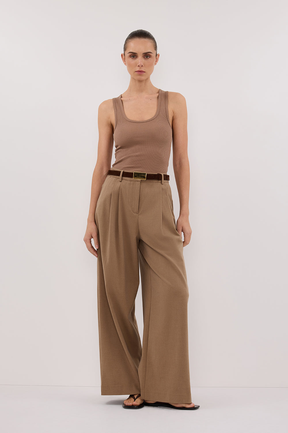 Theo Tan Ribbed Knit Tank Top - Sleeveless Scoop Neck Tee