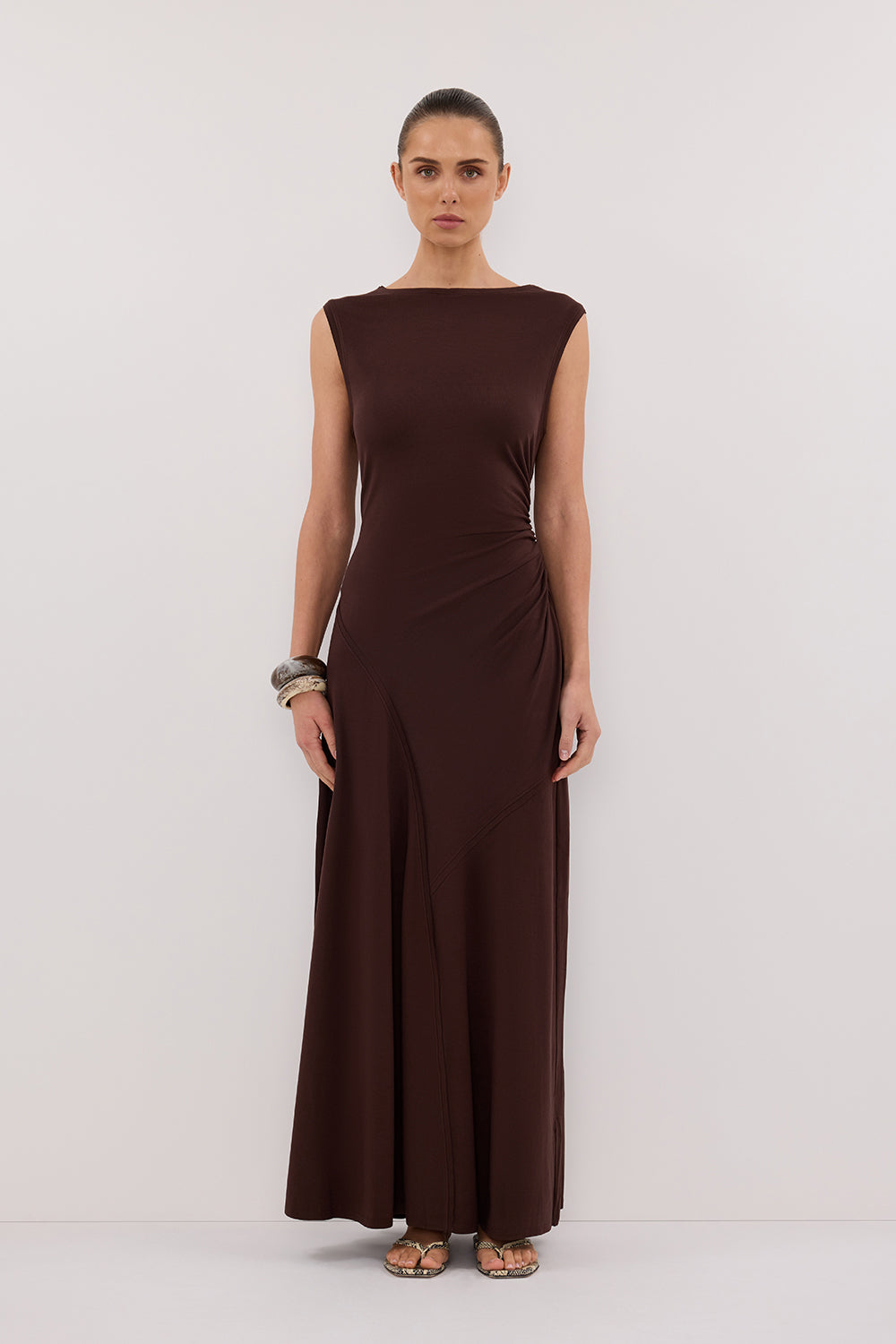 Hadley Chocolate Sleeveless Knit Maxi Dress with Ruched Waist