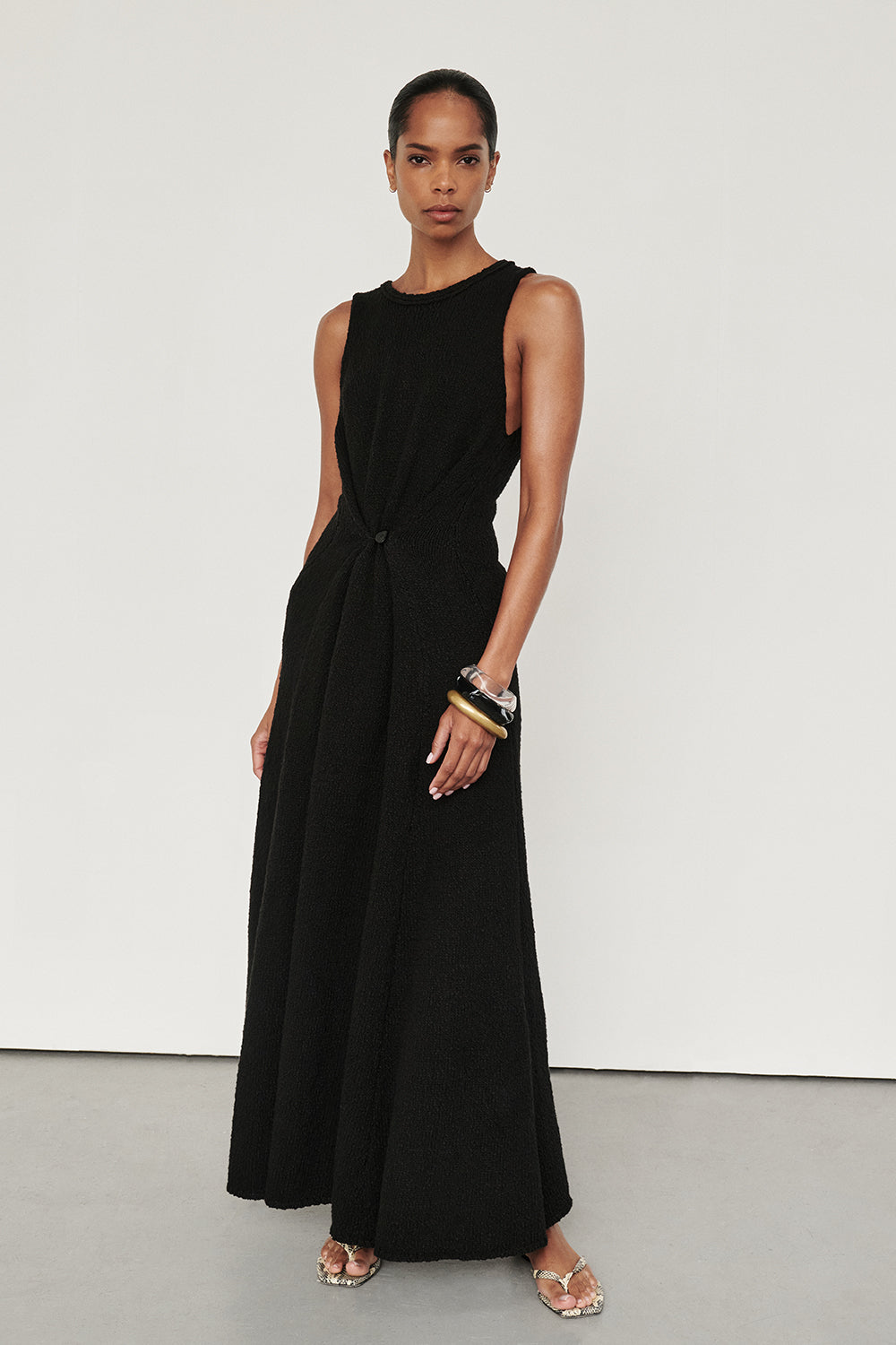 Sue Black Boucle Knit Maxi Dress with Button Detail