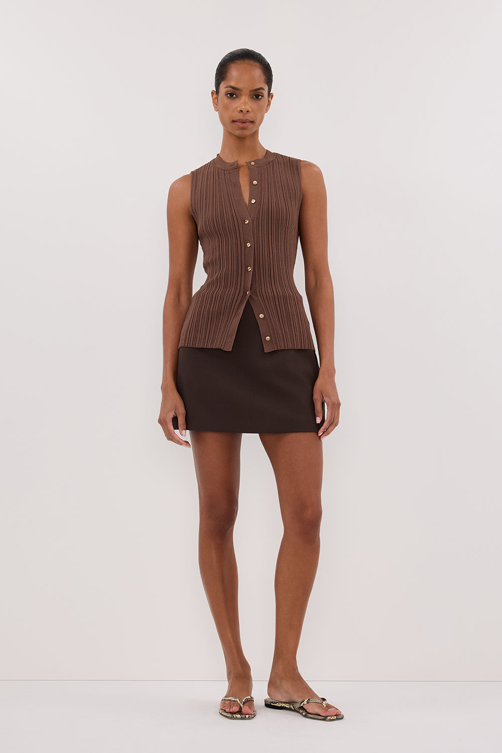 Sleeveless Ribbed Knit Top with Gold Button Placket