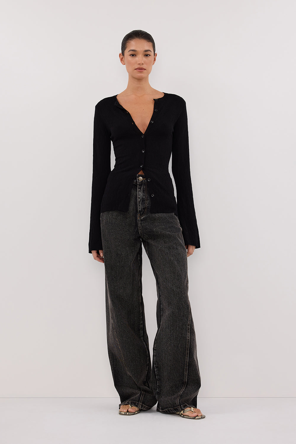 Black Long Sleeve Knit Top with Button Front & Crew Neck
