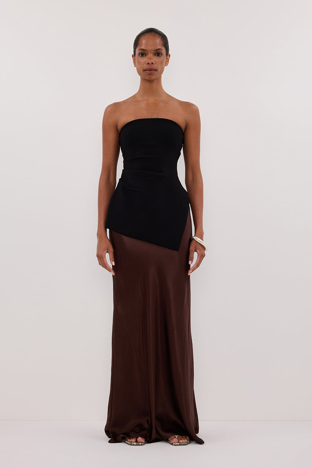 Women's Black Longline Bandeau Top with Shelf Bra & Side Split Detail