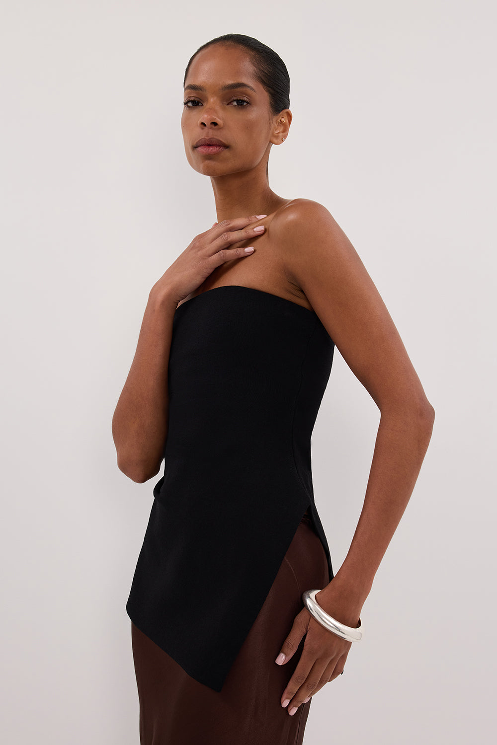 Women's Black Longline Bandeau Top with Shelf Bra & Side Split Detail