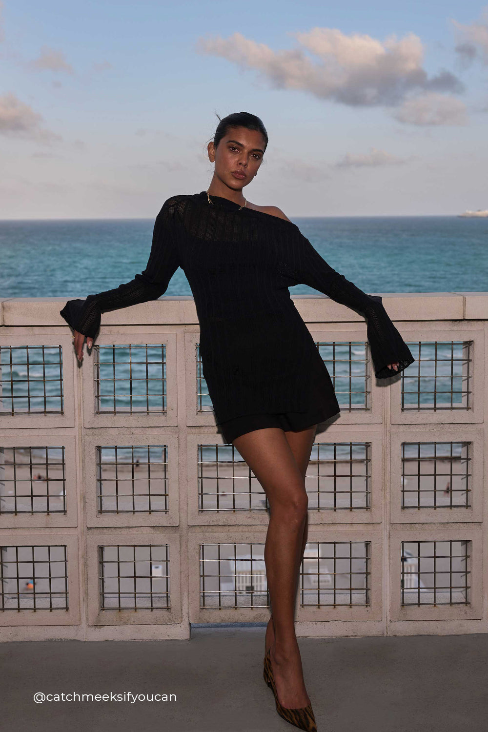 Black Off Shoulder Long Sleeve Knit Top - Bowie Asym Design