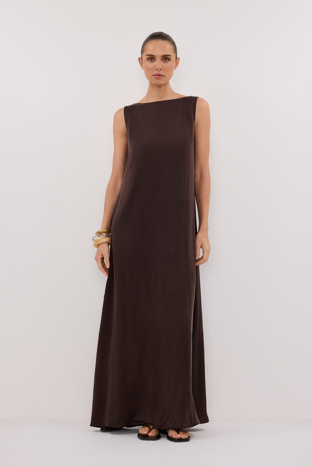 Layla Bitter Chocolate Silk Midi Dress - Sleeveless Boat Neck
