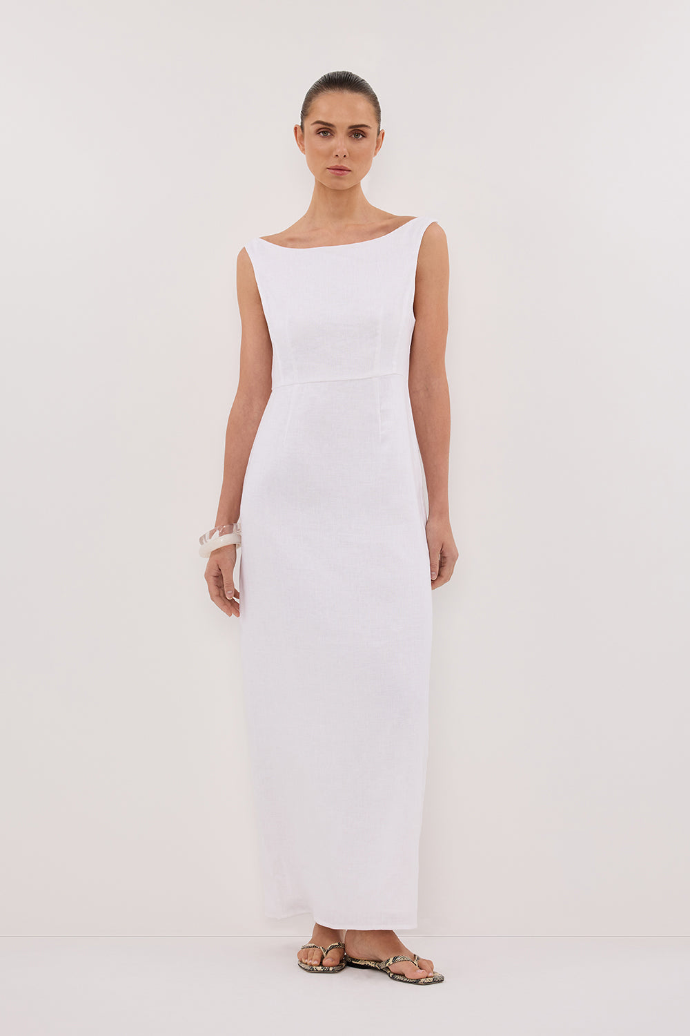 White Linen Midi Dress – Jule Sleeveless Boat Neck with Back Zip