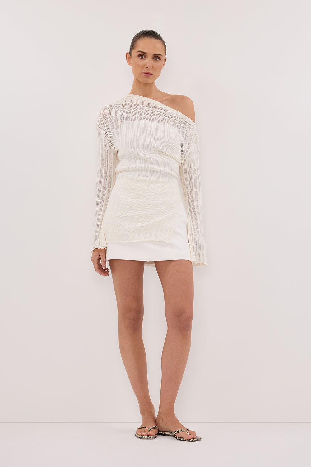 Bowie Ivory Off-Shoulder Long Sleeve Knit Top with Split Seam