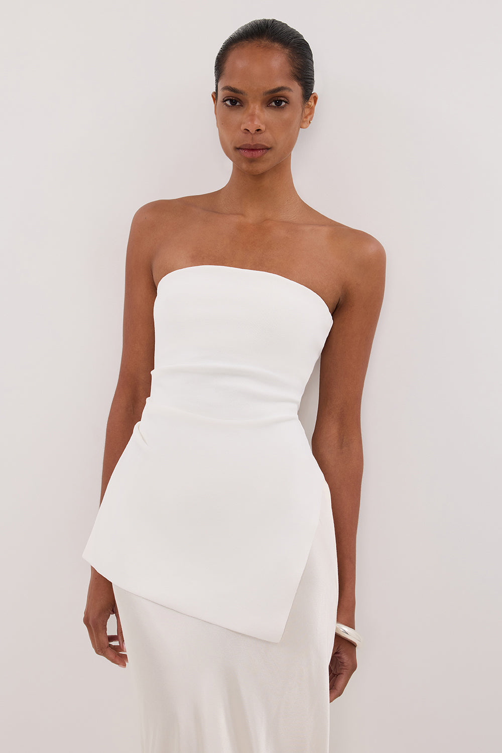 Luke Off-White Longline Bandeau Top - Strapless Knit with Shelf Bra