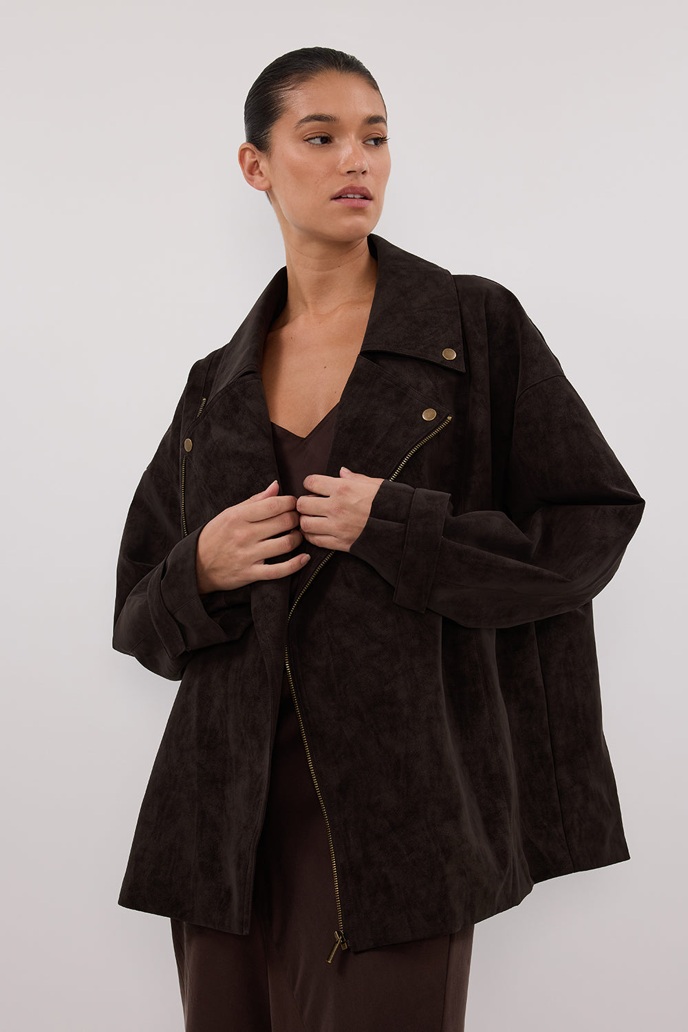 Chocolate Brown Faux Suede Biker Jacket - Oversized & Stylish