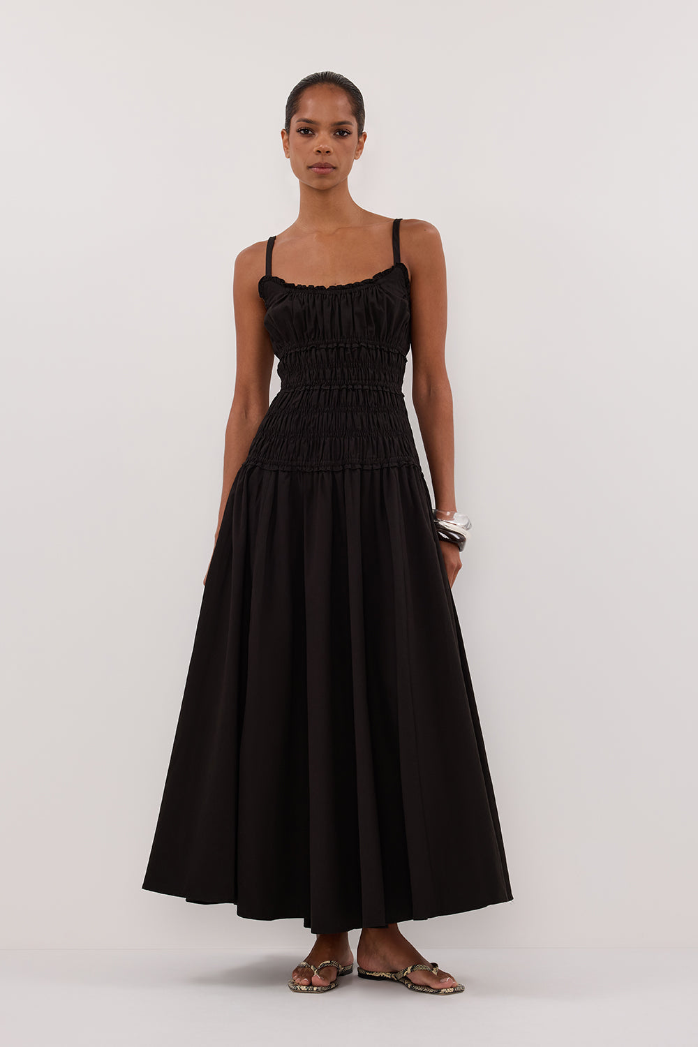 Toby Black Cotton Midi Dress with Ruffle Neckline & Side Split