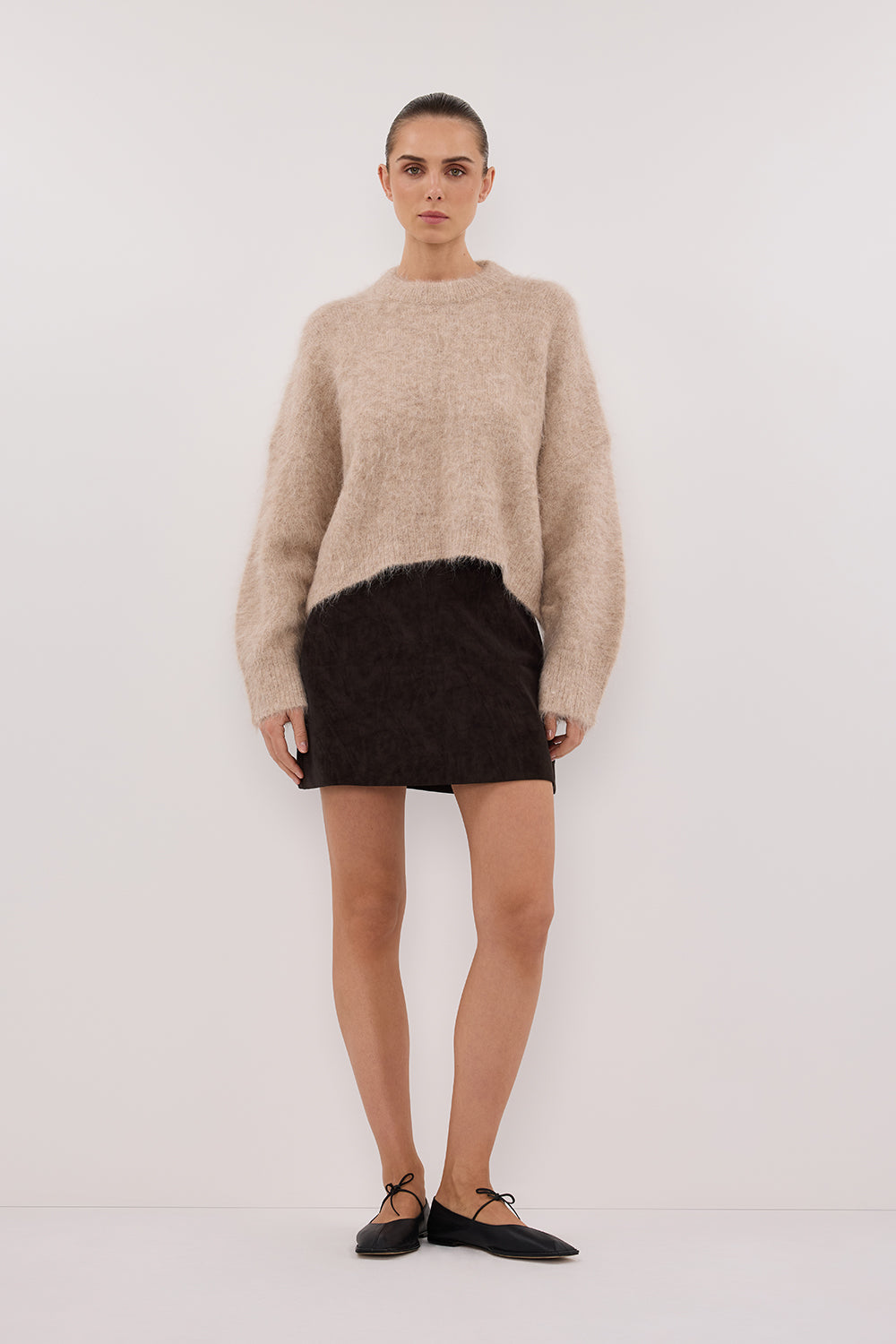 Salma Oat Cropped Knit Jumper - Long Sleeve Tuck Detail