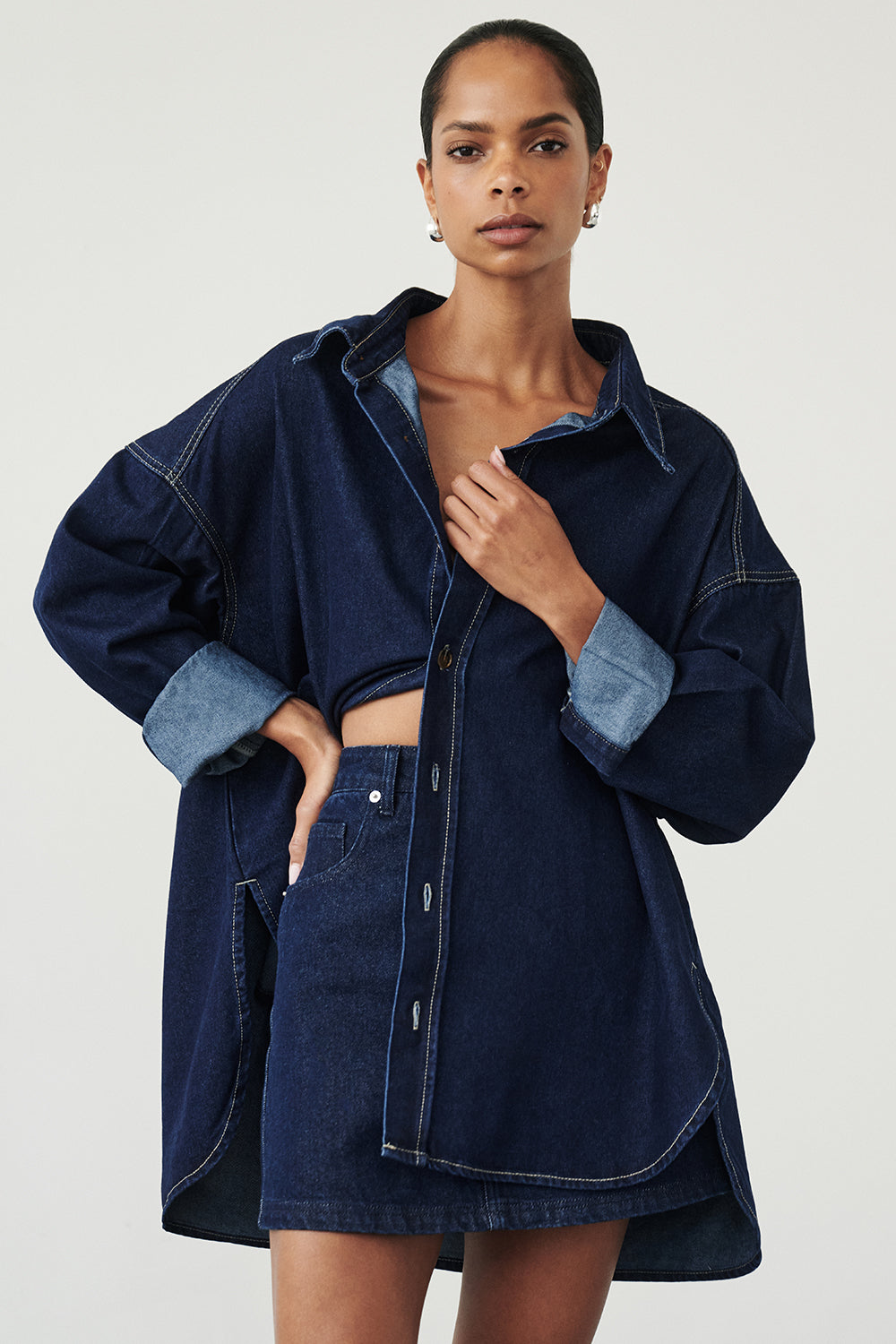 Ashton Indigo Oversized Denim Shirt for Women – Relaxed Fit Longline Style
