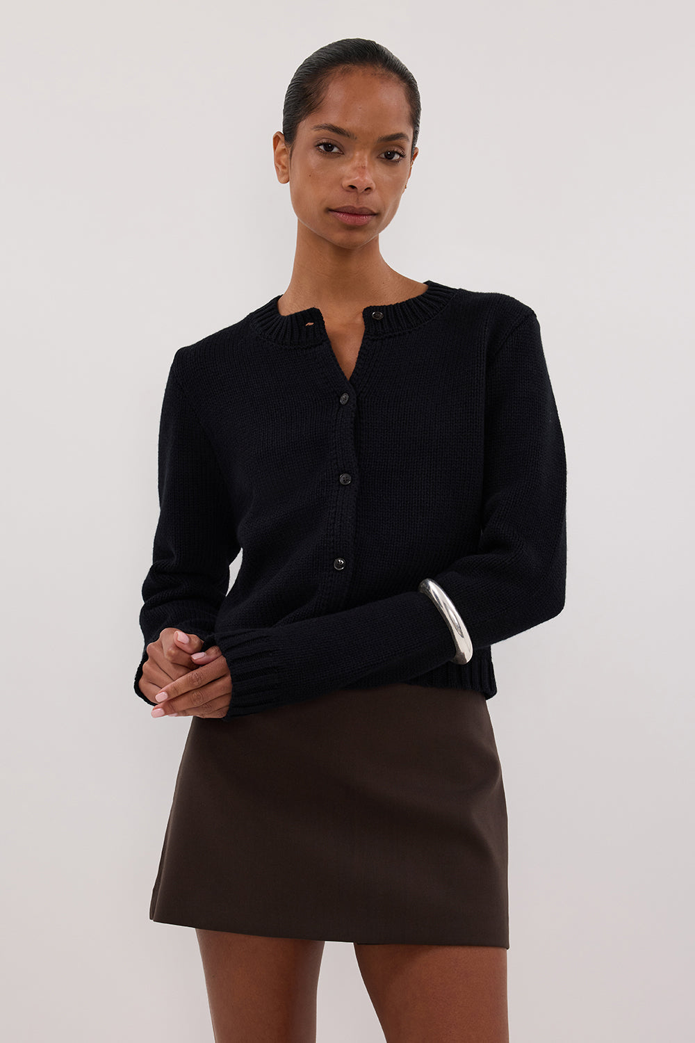 Foster Black Wool Knit Cardigan - Cropped Boxy Silhouette